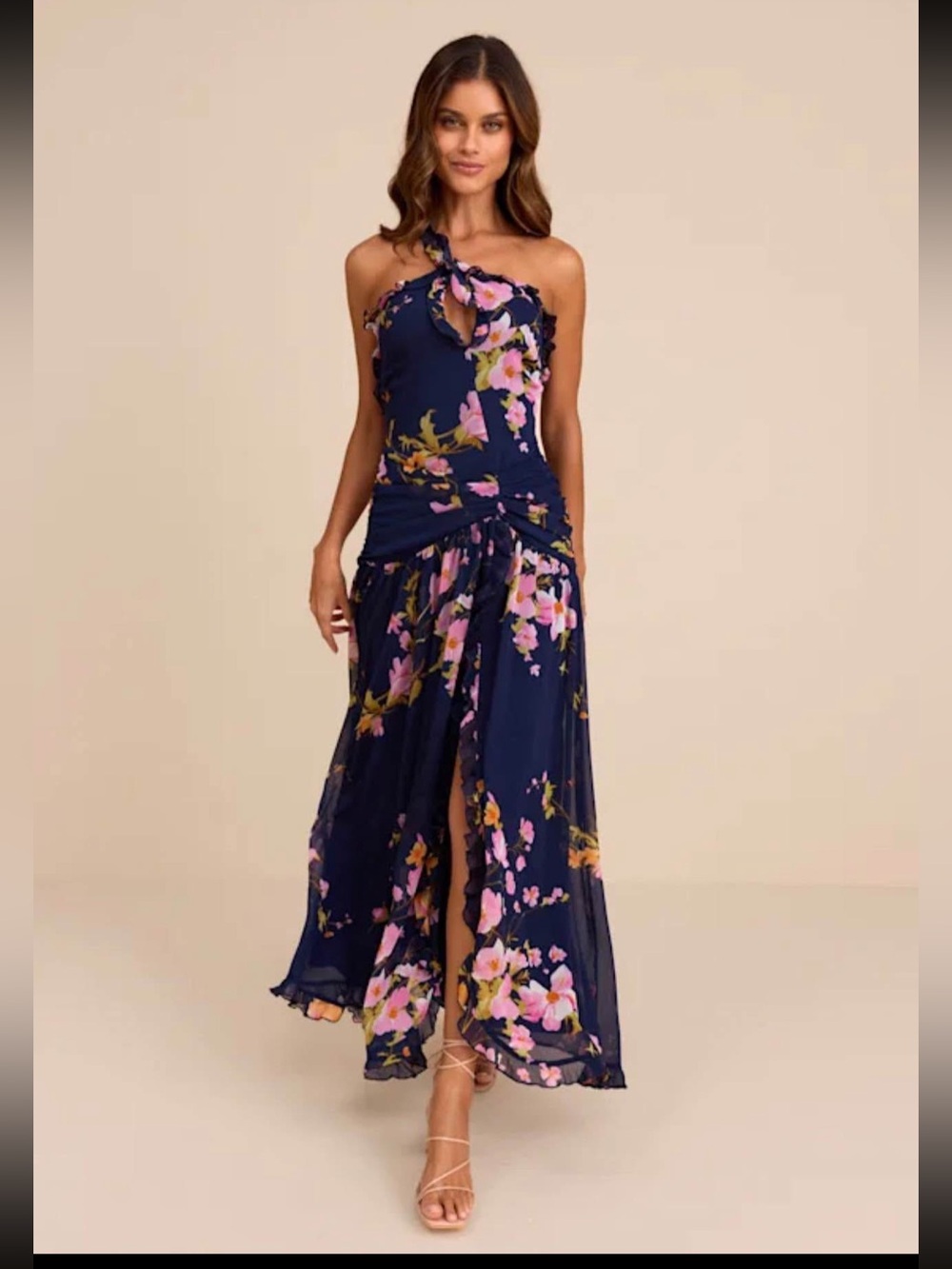 Lulu's Navy Floral Asymmetrical Tie Maxi Dress